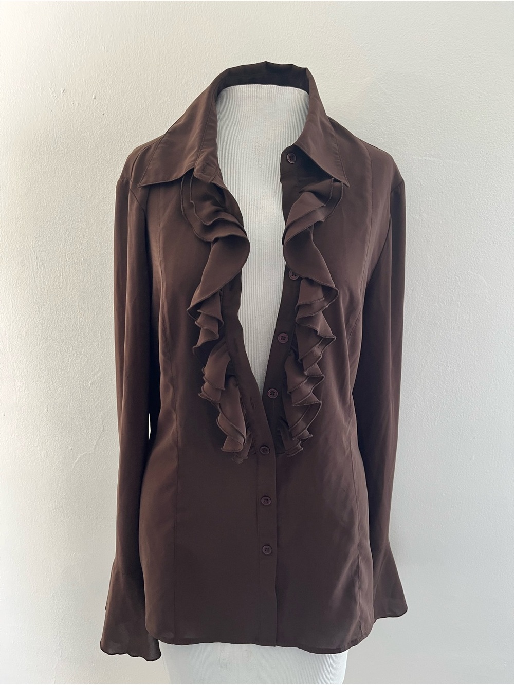 Spense Brown Ruffle Front Button-Down Blouse
